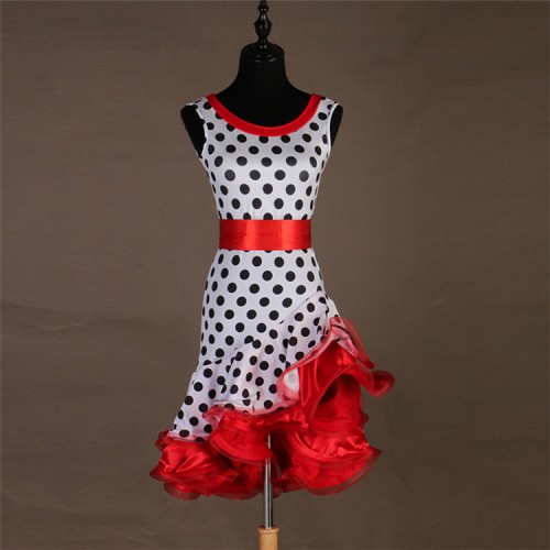 Women's girls red pink polka dot  latin dance dresses  comeptition stage performance salsa rumba chacha dance dresses